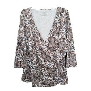 Talbots Plus Brown Paisley Cotton Blend Faux Wrap Top Size 2X